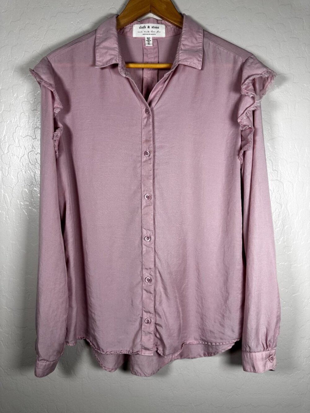 Anthropologie Cloth & Stone Pink Tencel Ruffle Button Down Shirt XL - Picture 2 of 10